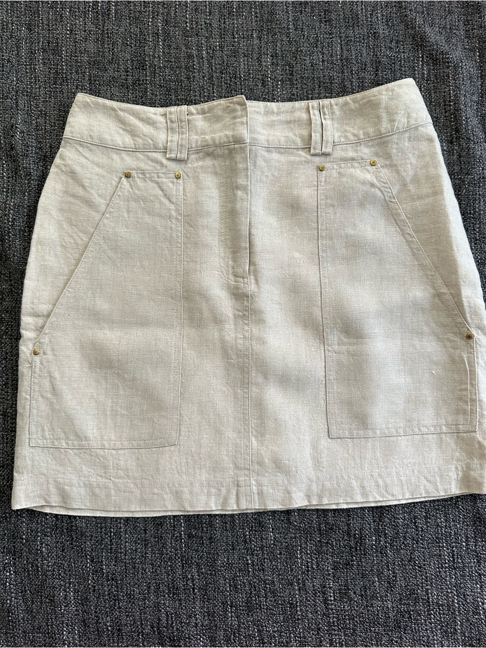 Cream Linen Mini Skirt with Front Patch Pockets
